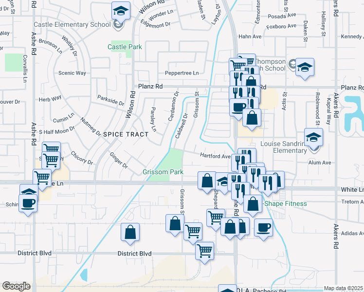 map of restaurants, bars, coffee shops, grocery stores, and more near 3712 Grissom Street in Bakersfield