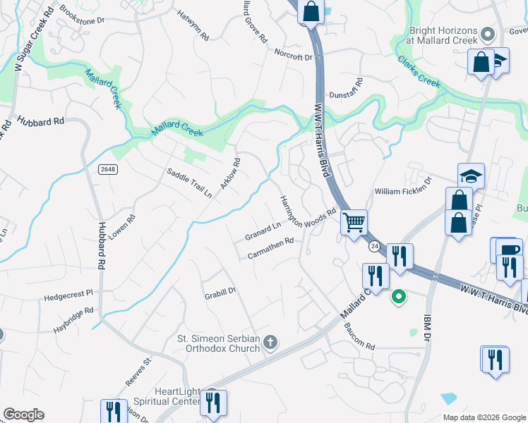 map of restaurants, bars, coffee shops, grocery stores, and more near 8011 Alba Court in Charlotte