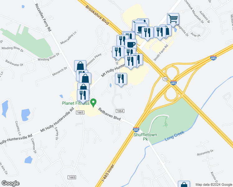 map of restaurants, bars, coffee shops, grocery stores, and more near 3234 Floral Grove Lane in Charlotte