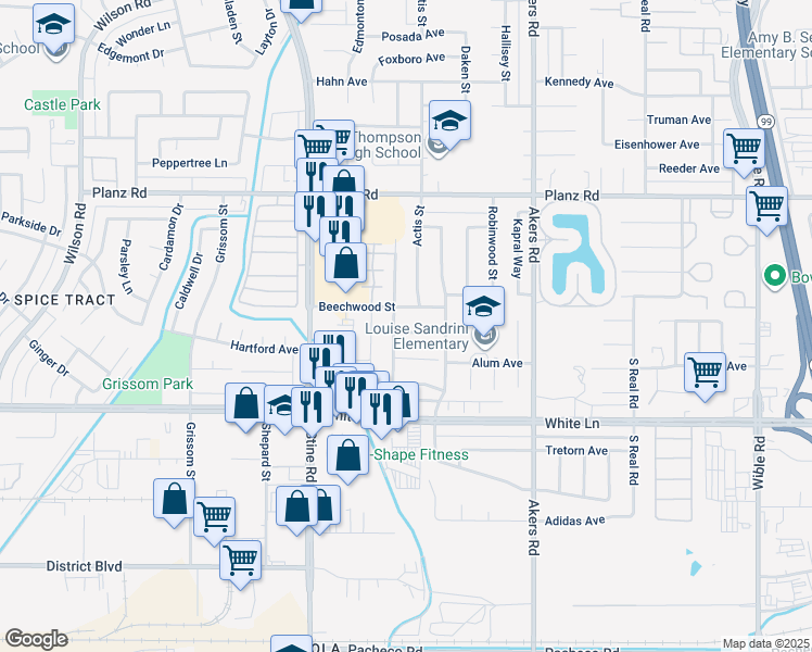 map of restaurants, bars, coffee shops, grocery stores, and more near 4508 Silverwood Lane in Bakersfield