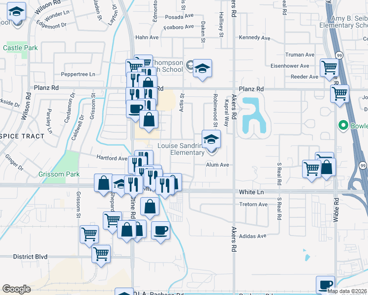 map of restaurants, bars, coffee shops, grocery stores, and more near 4416 Silverwood Lane in Bakersfield