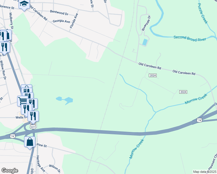 map of restaurants, bars, coffee shops, grocery stores, and more near 489 Valleyview Drive in Forest City