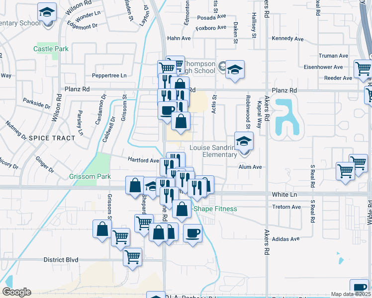map of restaurants, bars, coffee shops, grocery stores, and more near 4701 Beechwood Street in Bakersfield
