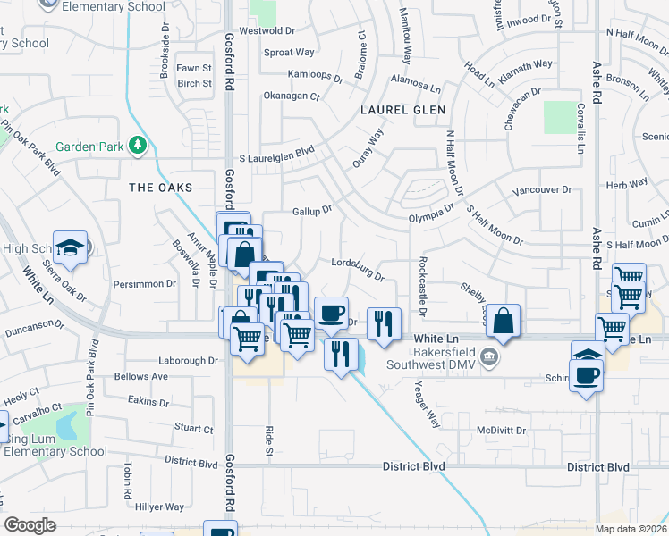 map of restaurants, bars, coffee shops, grocery stores, and more near 3709 Wilcox Way in Bakersfield