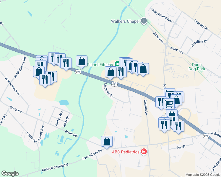 map of restaurants, bars, coffee shops, grocery stores, and more near Lebanon Place in Dunn