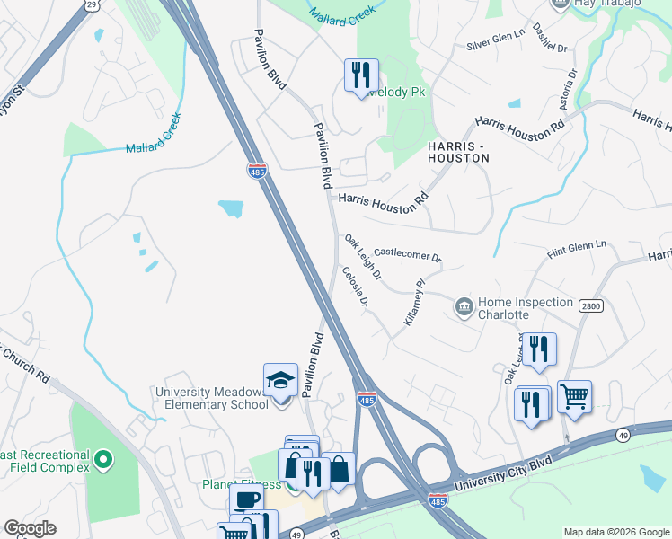 map of restaurants, bars, coffee shops, grocery stores, and more near 1385 Pavilion Boulevard in Charlotte