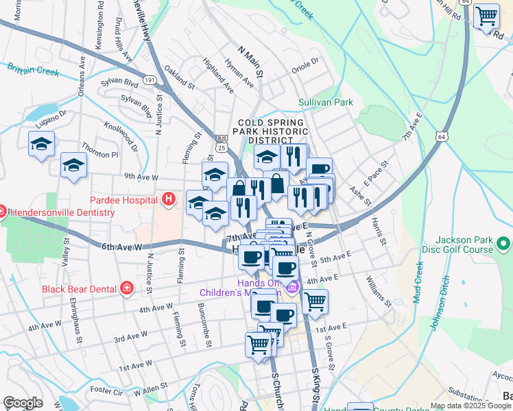 map of restaurants, bars, coffee shops, grocery stores, and more near 783 North Main Street in Hendersonville