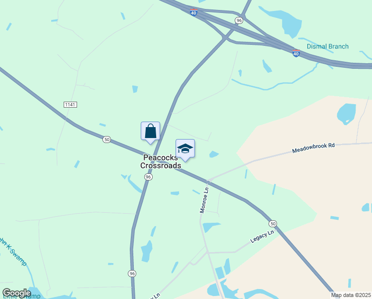 map of restaurants, bars, coffee shops, grocery stores, and more near 7507 North Carolina 50 in Benson