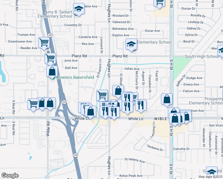 map of restaurants, bars, coffee shops, grocery stores, and more near 4215 Teal Street in Bakersfield