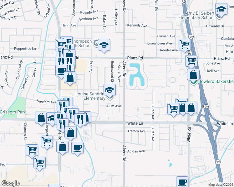 map of restaurants, bars, coffee shops, grocery stores, and more near 3721 Celine Court in Bakersfield