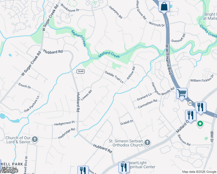 map of restaurants, bars, coffee shops, grocery stores, and more near 3504 Mossy Bank Place in Charlotte
