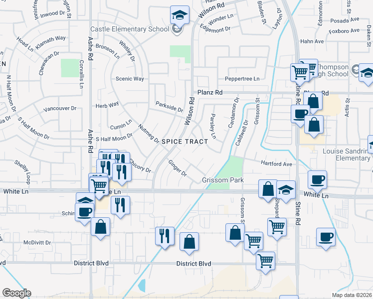 map of restaurants, bars, coffee shops, grocery stores, and more near 3708 Westporte Court in Bakersfield