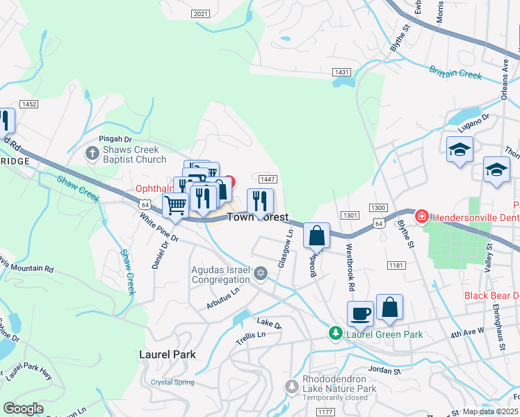 map of restaurants, bars, coffee shops, grocery stores, and more near in Town Forest