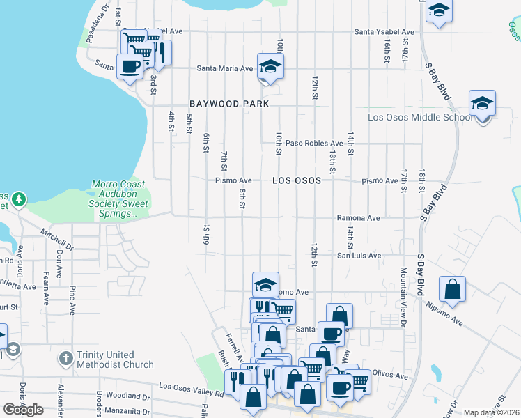 map of restaurants, bars, coffee shops, grocery stores, and more near 9th Street in Baywood-Los Osos