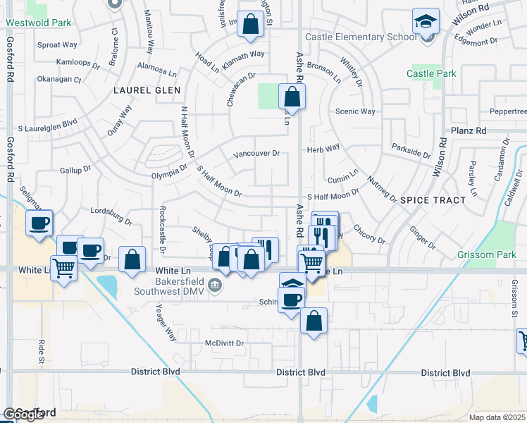 map of restaurants, bars, coffee shops, grocery stores, and more near 6504 Terrebonne Court in Bakersfield