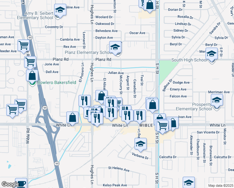 map of restaurants, bars, coffee shops, grocery stores, and more near 2105 Vincent Avenue in Bakersfield