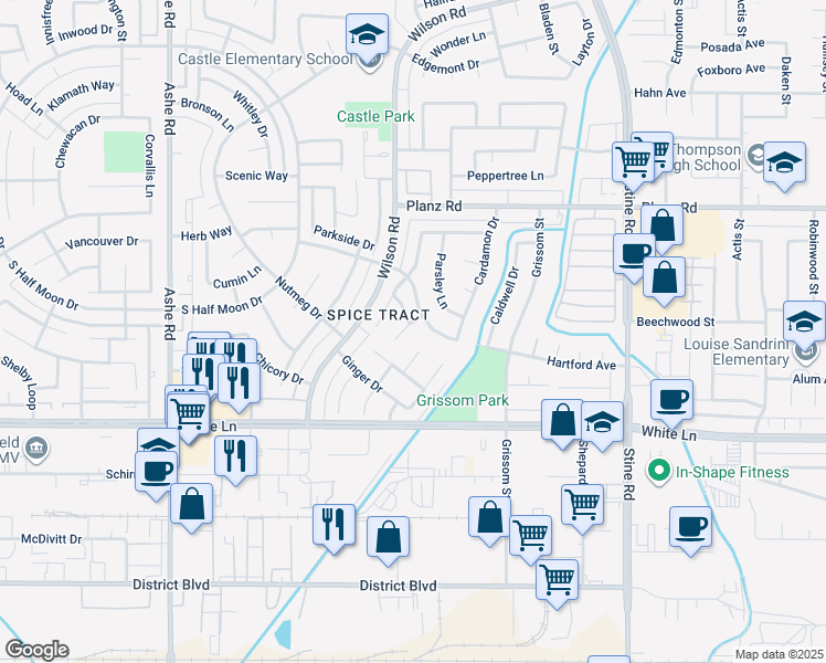 map of restaurants, bars, coffee shops, grocery stores, and more near 3708 Westporte Court in Bakersfield