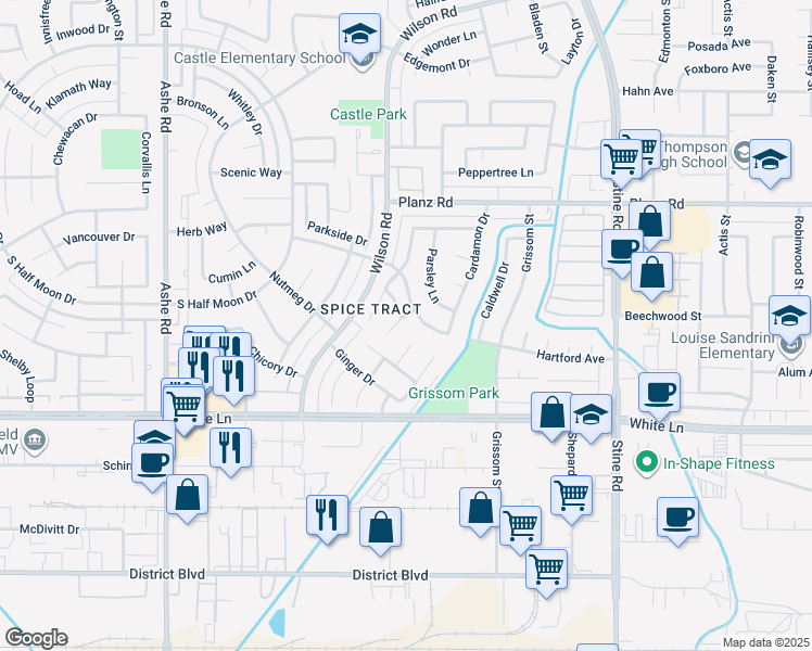 map of restaurants, bars, coffee shops, grocery stores, and more near 3708 Westporte Court in Bakersfield