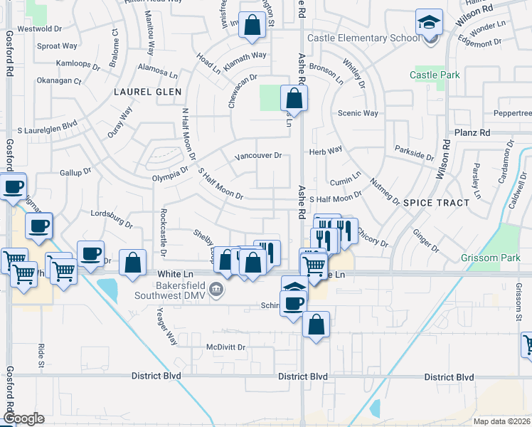 map of restaurants, bars, coffee shops, grocery stores, and more near 6404 Plaquemines Drive in Bakersfield