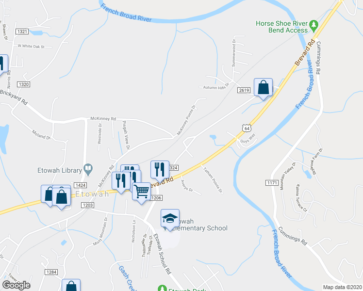 map of restaurants, bars, coffee shops, grocery stores, and more near 300 Morgan Road in Hendersonville