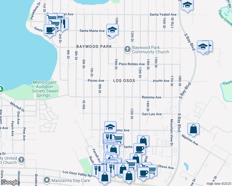 map of restaurants, bars, coffee shops, grocery stores, and more near 10th Street in Baywood-Los Osos