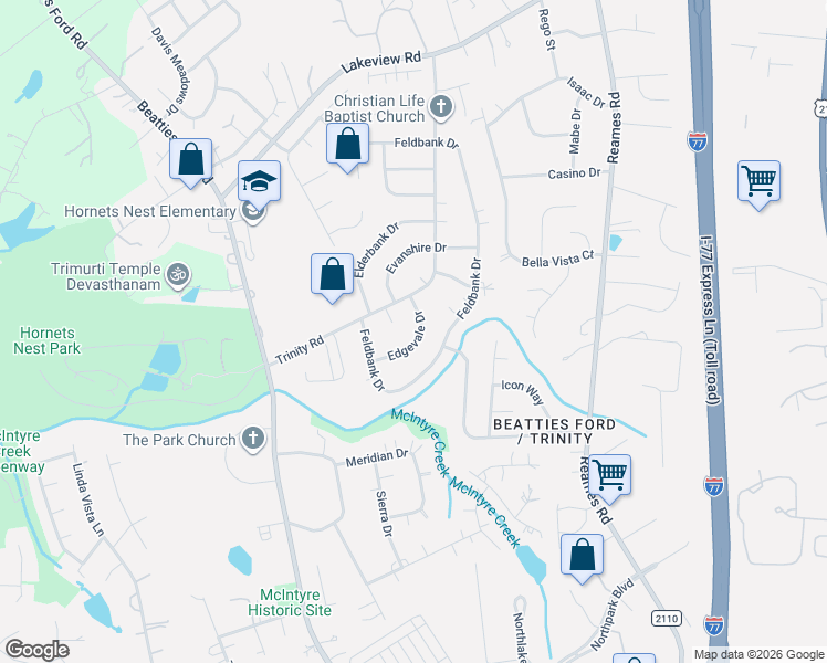 map of restaurants, bars, coffee shops, grocery stores, and more near 9300 Edgevale Drive in Charlotte