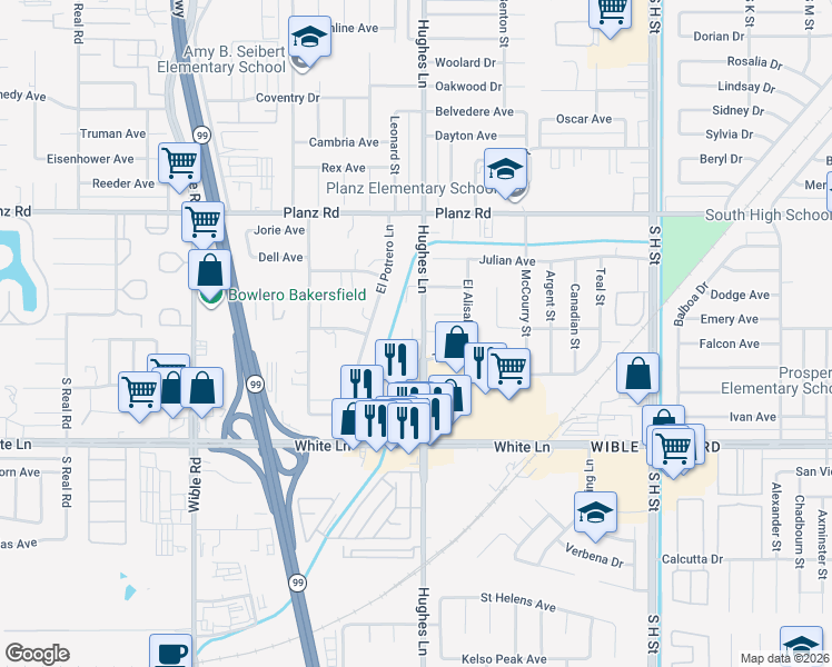 map of restaurants, bars, coffee shops, grocery stores, and more near 2500 Bea Court in Bakersfield