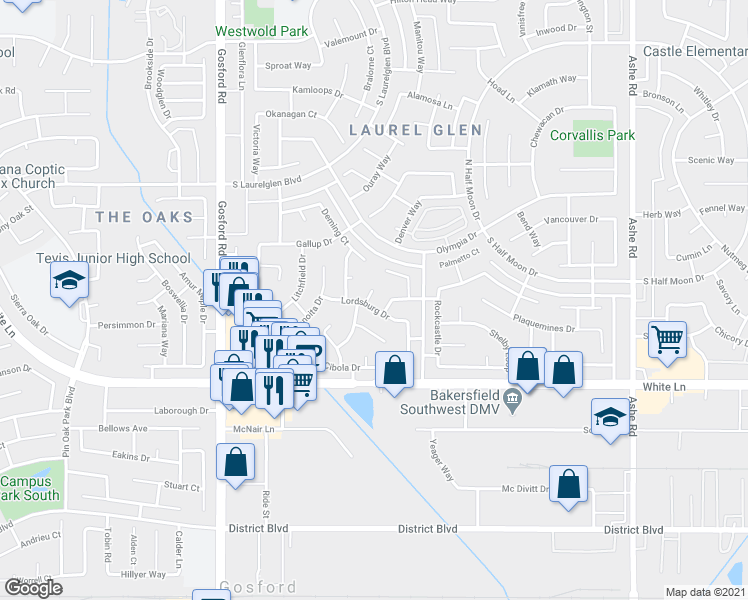 map of restaurants, bars, coffee shops, grocery stores, and more near 7512 Lordsburg Drive in Bakersfield