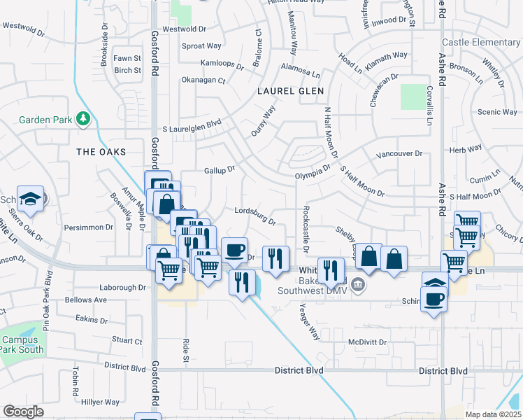 map of restaurants, bars, coffee shops, grocery stores, and more near 7512 Lordsburg Drive in Bakersfield