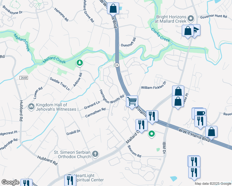 map of restaurants, bars, coffee shops, grocery stores, and more near 8025 Harrington Woods Road in Charlotte
