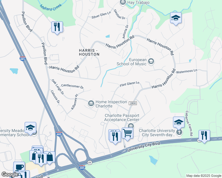 map of restaurants, bars, coffee shops, grocery stores, and more near 10709 Derry Drive in Charlotte