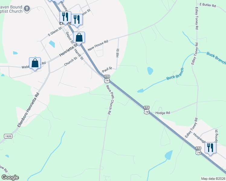 map of restaurants, bars, coffee shops, grocery stores, and more near 171 Racepath Church Road in Ellenboro