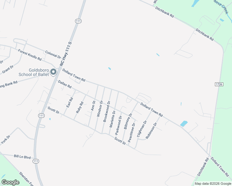 map of restaurants, bars, coffee shops, grocery stores, and more near 101 Avon Court in Goldsboro