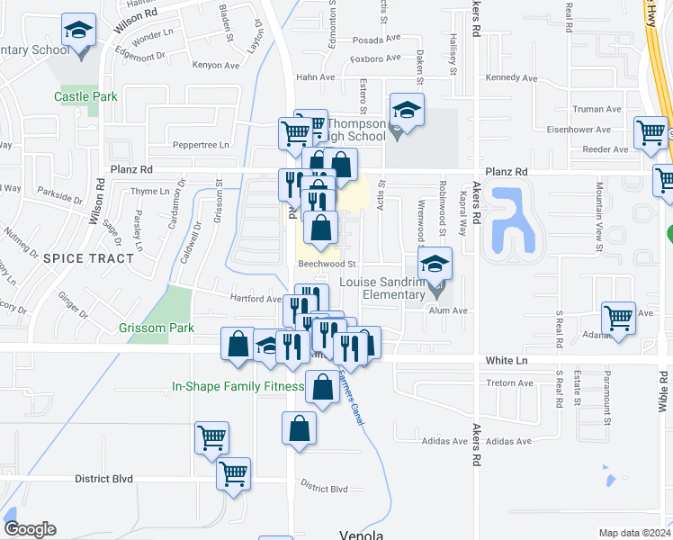 map of restaurants, bars, coffee shops, grocery stores, and more near 4701 Beechwood Street in Bakersfield