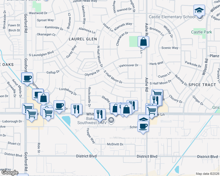 map of restaurants, bars, coffee shops, grocery stores, and more near 6832 Shelby Loop in Bakersfield