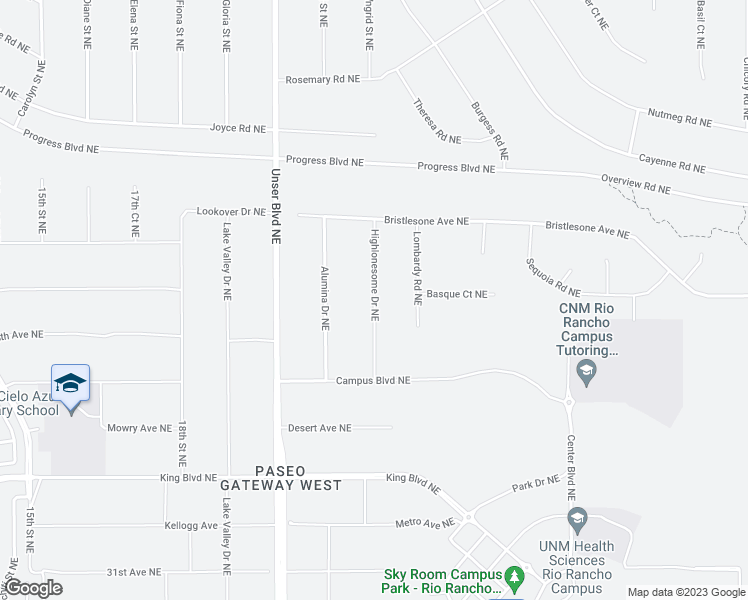 map of restaurants, bars, coffee shops, grocery stores, and more near Highlonesome Drive Northeast in Albuquerque