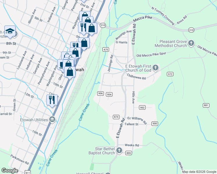 map of restaurants, bars, coffee shops, grocery stores, and more near 143 County Road 906 in Etowah