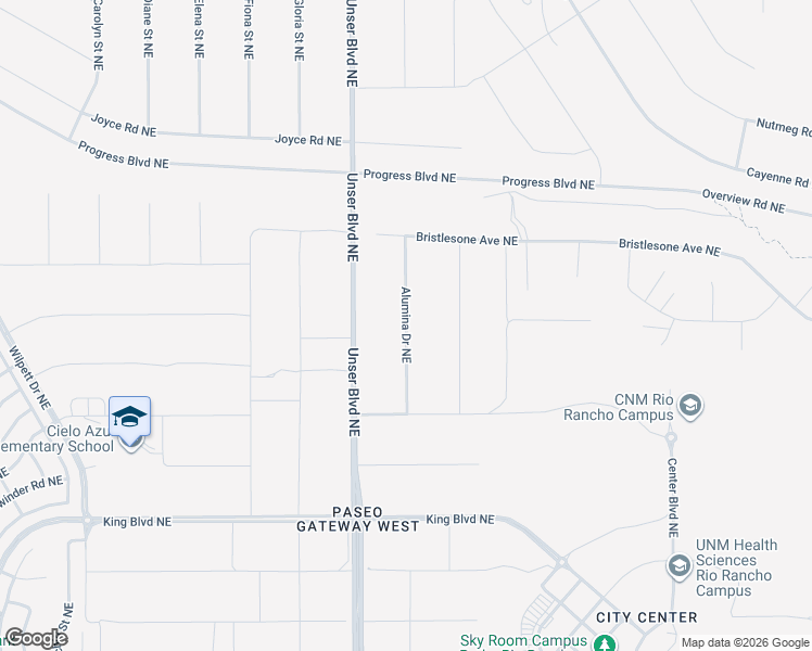 map of restaurants, bars, coffee shops, grocery stores, and more near Alumina Drive Northeast in Rio Rancho