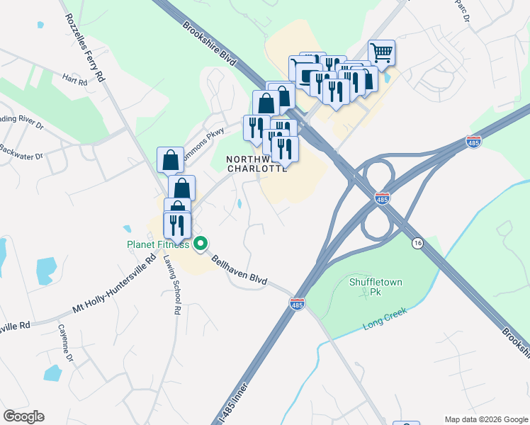 map of restaurants, bars, coffee shops, grocery stores, and more near 9930 Season Grove Lane in Charlotte