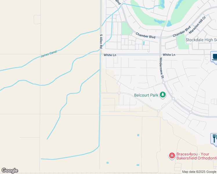 map of restaurants, bars, coffee shops, grocery stores, and more near 3702 Pathway Court in Bakersfield