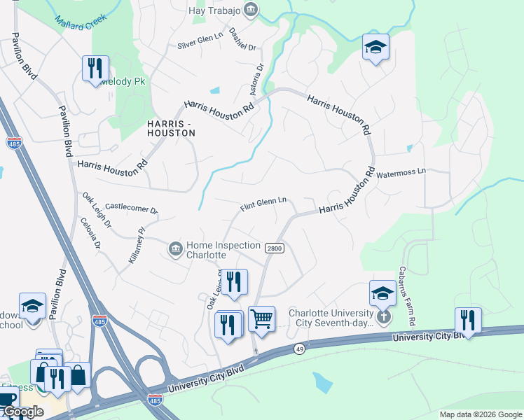 map of restaurants, bars, coffee shops, grocery stores, and more near 2201 Flint Glenn Lane in Charlotte