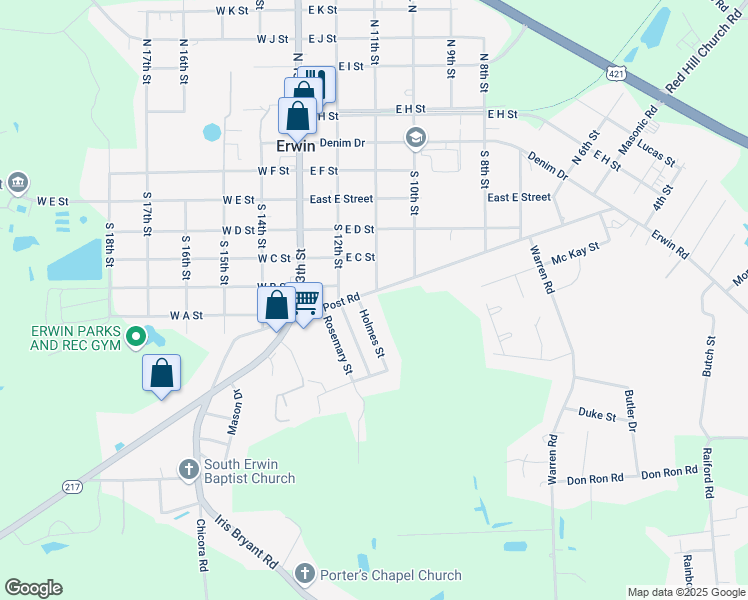 map of restaurants, bars, coffee shops, grocery stores, and more near 209 Old Post Road in Erwin