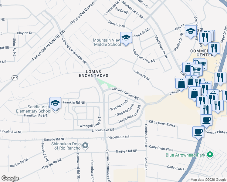 map of restaurants, bars, coffee shops, grocery stores, and more near 3825 North Pole Loop Northeast in Rio Rancho
