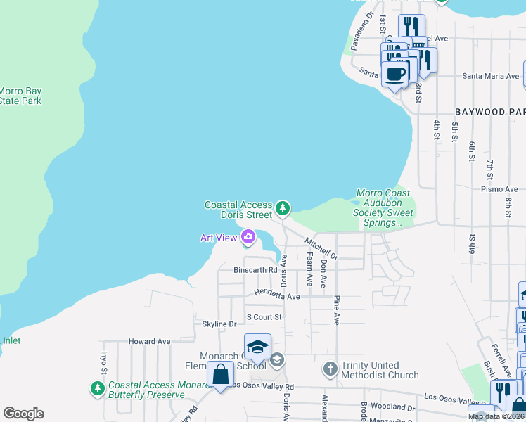 map of restaurants, bars, coffee shops, grocery stores, and more near 370 Mitchell Drive in Baywood-Los Osos