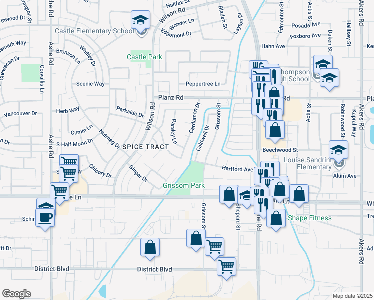 map of restaurants, bars, coffee shops, grocery stores, and more near 3612 Cardamon Drive in Bakersfield