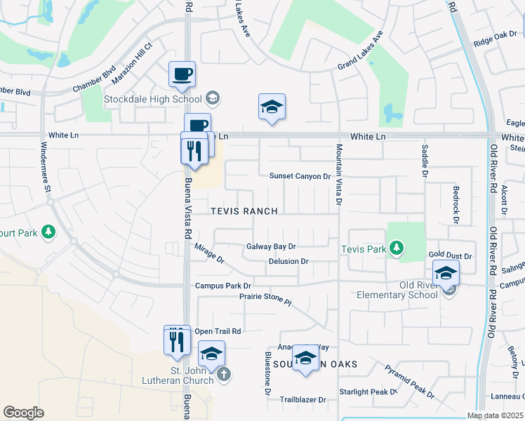map of restaurants, bars, coffee shops, grocery stores, and more near 3617 Pueblo Court in Bakersfield