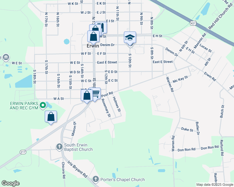 map of restaurants, bars, coffee shops, grocery stores, and more near 209 Old Post Road in Erwin
