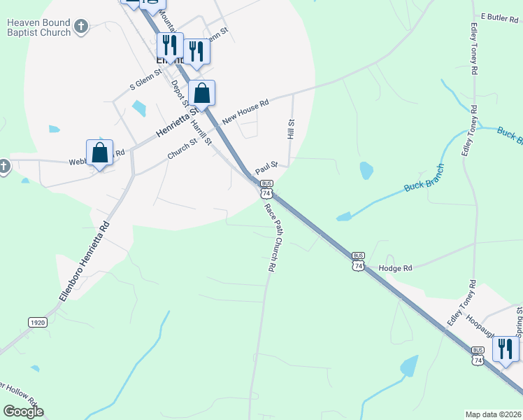 map of restaurants, bars, coffee shops, grocery stores, and more near 171 Racepath Church Road in Ellenboro