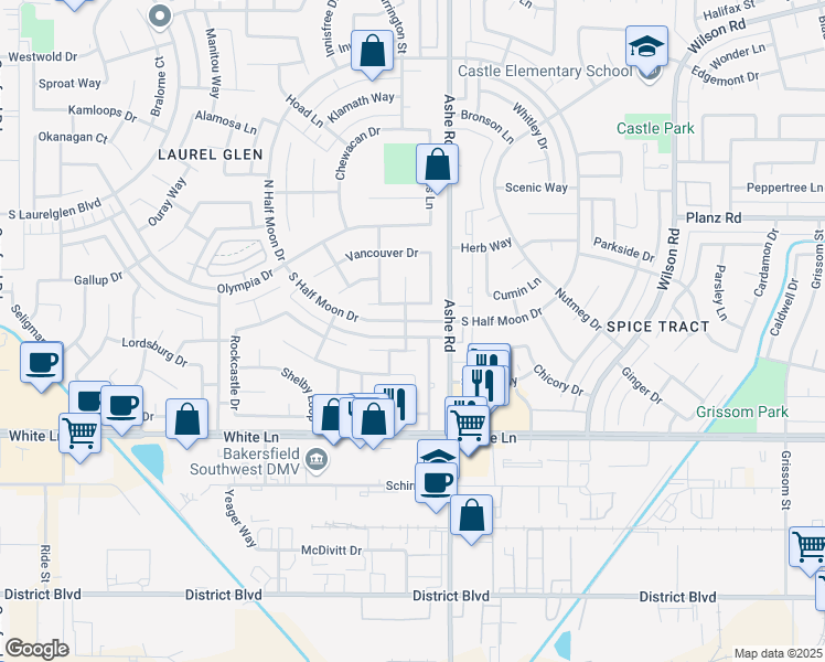 map of restaurants, bars, coffee shops, grocery stores, and more near 6413 Yakima Way in Bakersfield