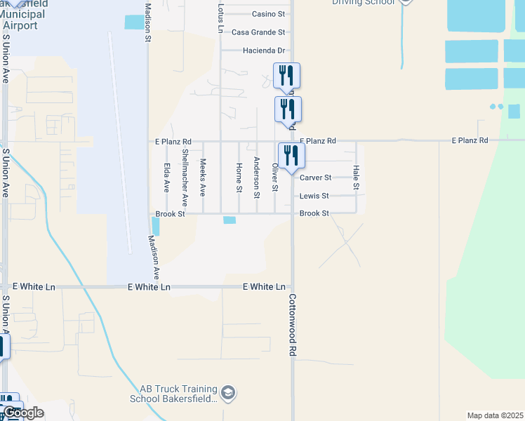 map of restaurants, bars, coffee shops, grocery stores, and more near 3608 Anderson Street in Bakersfield